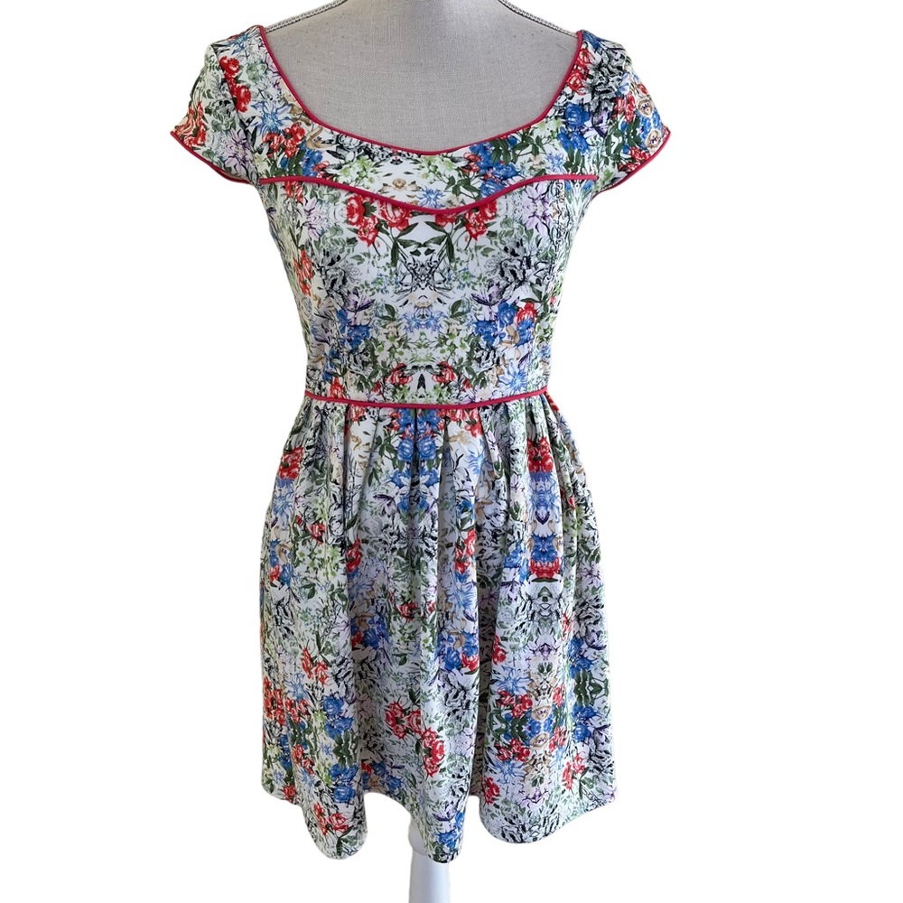 Made for Impulse White Background with Multi-Floral Fit and Flare Dress S
